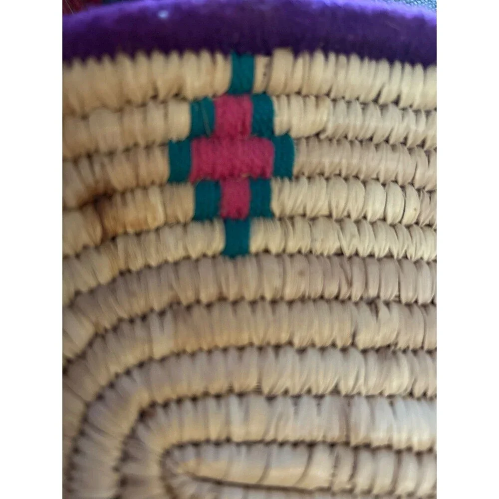 Vtg Southwest Native American Coiled Basket Tray 10” x 8” Wool Accents Handwoven